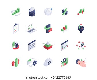 Analysts isometric icons set. Statistics and infographics, hand shake and documents. Laptop and smartphone, server with data. Cartoon 3D vector collection isolated on white background