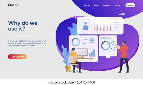 Analysts studying reports. Men constructing graphs, analyzing diagrams, charts vector illustration. Business concept for banner, website design or landing web page
