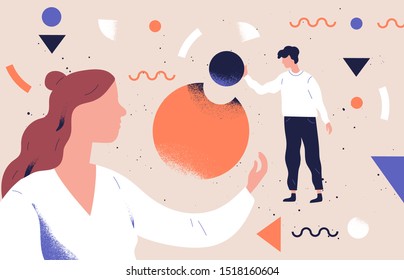 Analysts Team Coworking Flat Vector Abstract Illustration. Business Analytics, Data Analysis Concept. Employees Teamwork And Collaboration. Businessman Character Analyzing Pie Chart Infographics.