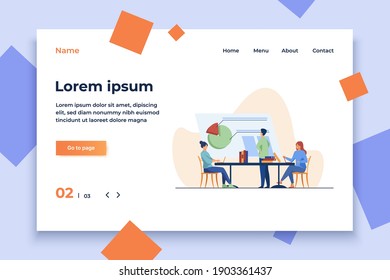 Analysts working together and discussing chart. Company, employee, table flat vector illustration. Teamwork and statistics concept for banner, website design or landing web page