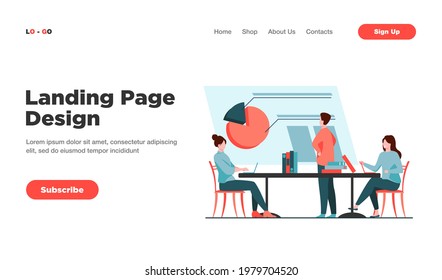 Analistas trabajando juntos y discutiendo el gráfico. Ilustración vectorial plana de tabla, empresa, empleado. Concepto de trabajo en equipo y estadística para la página web de anuncios, diseño de sitios web o de aterrizaje