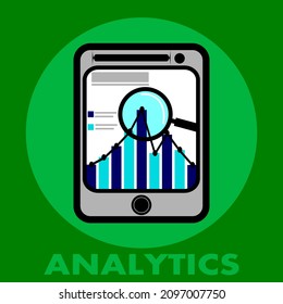 Analytic business vector illustration with magnifying and graph symbol.