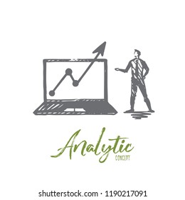 Analytic, chart, growth, business concept. Hand drawn businessman with graph chart concept sketch. Isolated vector illustration.