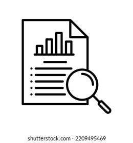 Analytic icon with chart document and magnifying glass in black outline style