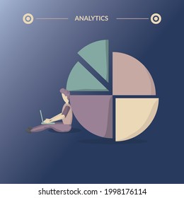 analytic icon. pie chart with guy using notebook vector illustration. data analyst.  