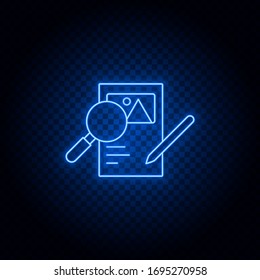 analytic, magnified, pen, image blue neon vector icon. Blue and yellow neon vector icon. Transparent background