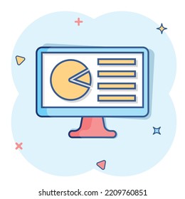 Analytic monitor icon in comic style. Diagram vector cartoon illustration on white isolated background. Statistic business concept splash effect.