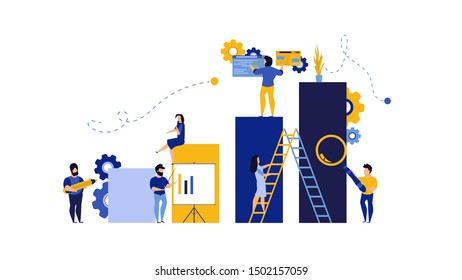 Analytic partnership vector illustration background with man and woman. Development bar chart concept company. Teamwork management cooperation strategy office banner work. Data solution character job