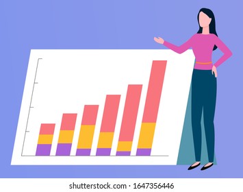 Analytic presenting growth graph, rising columns. Portrait view of manager reporter showing financial board, broker character, business-woman, investment vector