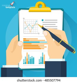 Analytic research and report on paper sheet  top view. Vector flat  design icon mock up.