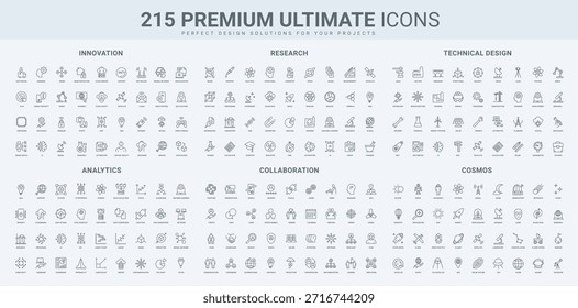 Analytik und Statistik, Weltraumforschung, digitale Lösung und Modell, Engineering Line Icon Set. AI-Dienste, Datenblöcke, Mikrochips für Innovation dünne schwarze Umrisssymbole, Vektorgrafik