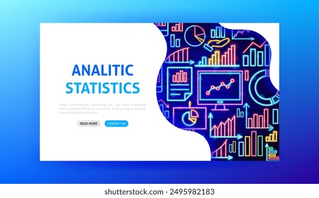 Estadísticas analíticas Neon Landing Page. Ilustración vectorial del concepto de promoción de datos de análisis.