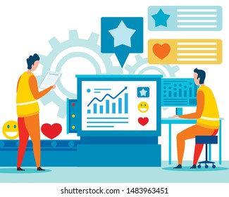 Analytic Team Work with Statistic Data Cartoon. Flat Vector Men Analyze Feedback Consumer, Customer Review Evaluation in Charts and Graphs on PC Monitor. Social Media Marketing. Workflow Illustration