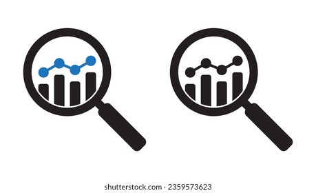 Analytic vector icon. Magnifying glass with bar chart. Business analysis icon. Marketing research symbol. Analysis of a growing chart icon.