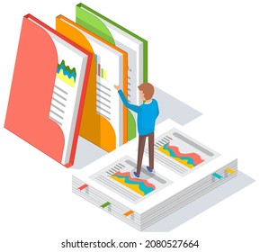 Analytic worker with papers, diagram, bar charts, document folders. Man analyzes business reports with statistical indicators. Male character works with statistics, financial data vector illustration