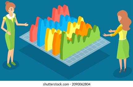 Analytic workers looking at dynamics of chart change and discussing statistics. Employees analyze business reports with statistical indicators. Female characters work with financial data research