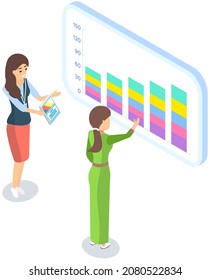 Analytic workers looking at poster with growing graph and discussing statistics. Employees analyze business reports with statistical indicators. Female characters work with financial data research