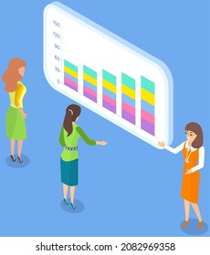 Analytic workers looking at poster with growing graph. Employees analyze business reports with statistical indicators. Female characters work with statistics, financial data vector illustration