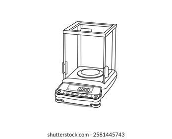 Analytical balance icon illustration design of laboratory equipment, for measuring the mass of a substance, fine gram scale, flat icon vector in black line style only on isolated white background