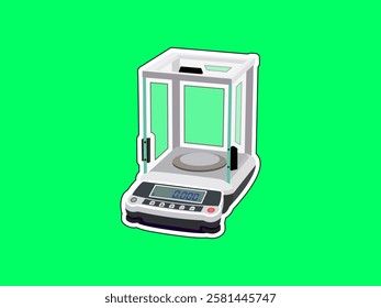 Analytical balance icon illustration design of laboratory equipment, for measuring the mass of a substance, fine gram scale, 3d realistic flat icon vector in sticker style isolated on green background