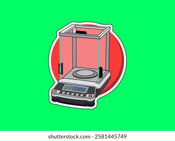 Analytical balance icon illustration design of laboratory equipment, measuring the mass of a substance, high precision scales, icon vector in black striped sticker style isolated on green background