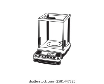 Analytical balance icon illustration design of laboratory equipment, for measuring the mass of a substance, fine gram scale, realistic flat icon vector in black and white isolated on white background