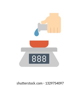 Analytical balance or scale in laboratory chemistry vector icon. To weighing mass of chemical by scientist by digital electronic equipment for science, pharmaceutical, manufacture, industry, research.