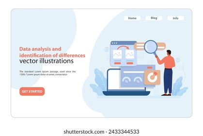 Analytical Benchmarking Vector. An analyst scrutinizes data, pinpointing variances for strategic business benchmarking.