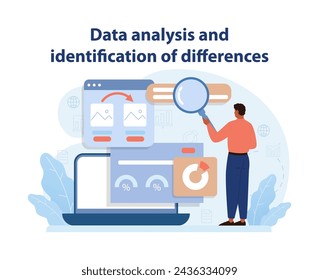 Analytical Benchmarking Vector. An analyst scrutinizes data, pinpointing variances for strategic business benchmarking.