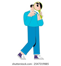 Analytical businessman concept. Professional with magnifying glass examining details. Corporate decision making, market research strategy. Vector illustration.