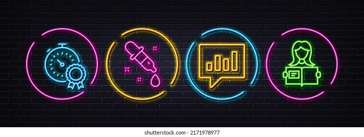 Analytical chat, Chemistry pipette and Best result minimal line icons. Neon laser 3d lights. Woman read icons. For web, application, printing. Vector