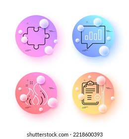 Analytische Chat-, Feuerenergie- und Puzzle-Minimalsymbole. Schaltflächen für 3D-Kugeln oder Bälle. Testsymbole für den Nasentest. Für Web, Anwendung, Druck. Kommunikationsblase, Flamme, Puzzle-Stück. Vektorgrafik
