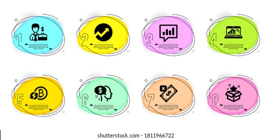 Analytical chat, Loyalty program and Audit signs. Timeline infographic. Refresh bitcoin, Pay and Rejected payment line icons set. Graph laptop, Businessman case symbols. Vector