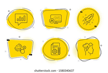 Analytical chat, Report statistics and Mindfulness stress signs. Chat bubbles. Documentation, Customer satisfaction and Startup rocket line icons set. Project, Happy smile, Business innovation. Vector