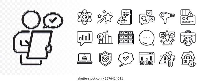 Analytical chat, Search employee and Falling star line icons for web app. Glare of light effect. Message icon. Pack of Card, Storage, Survey results pictogram icons. Vector