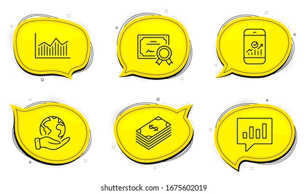 Analytical chat sign. Diploma certificate, save planet chat bubbles. Money diagram, Smartphone statistics and Dollar line icons set. Currency diagram, Mobile business, Usd currency. Vector