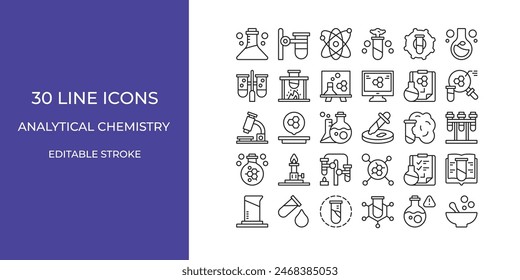 Analytische Chemie-Icon-Set Illustration Vektorgrafik editierbarer Strich. gen, Tube, Gefahr und mehr