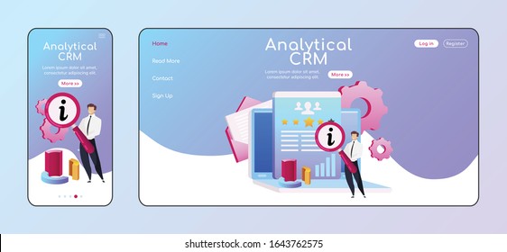 Analytical CRM adaptive landing page flat color vector template. Male with magnifying glass mobile, PC homepage layout. Info processing page website UI. Laptop, diagram webpage cross platform design