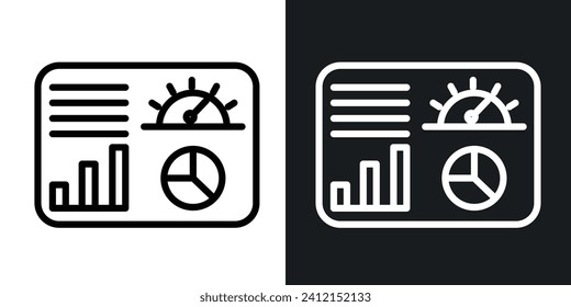 Icono de línea de panel analítico. Icono de visualización de datos y gráfico de rendimiento en color blanco y negro.