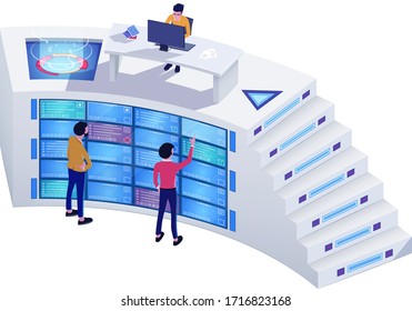 Analytical database, work analysis on big screen concept and vector illustration on white background. Male and female characters, time research and management. Isometric 3d style.
