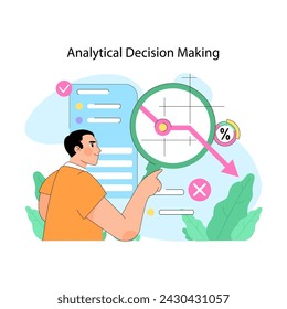 Analytical decision making concept. Focused individual scrutinizes data with magnifying glass. Detail oriented problem solving approach. Making a choice based on analysis. Flat vector illustration