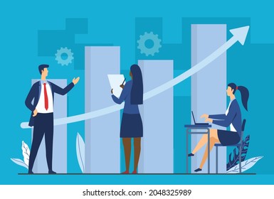 Analytical department of company. Man and girl study charts, collect statistics. Modern technologies, graphs, diagrams. Office, business. Cartoon flat vector illustration isolated on blue background