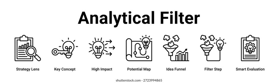 Analytical Filter Web-Banner-Symbol Vektorgrafik-Konzept für Unternehmen mit Symbol der Strategie-Linse, Key Concept, High Impact, Potenzial Map, Idee Trichter, Filter Step.