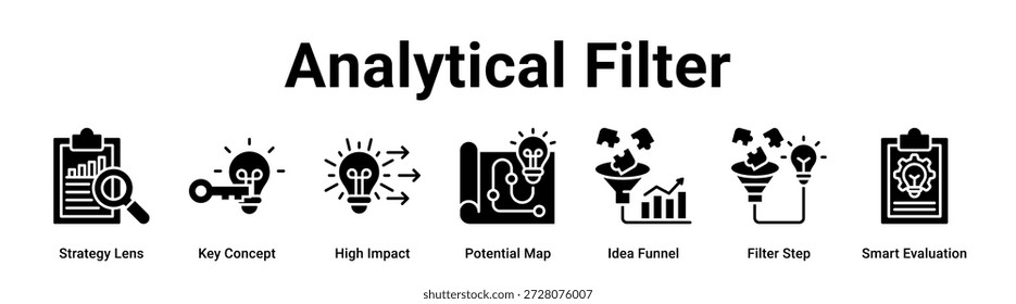 Analytical Filter Web-Banner-Symbol Vektorgrafik-Konzept für Unternehmen mit Symbol der Strategie-Linse, Key Concept, High Impact, Potenzial Map, Idee Trichter, Filter Step.