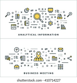 Analytical Information and Business Meeting. Vector Flat Thin Line Illustration for Website Banner or Header. Flat Line Icons and Geometric Design Elements