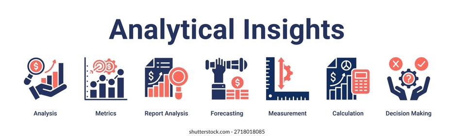 Analytical Insights banner ícone web vetor ilustração conceito para negócios com ícone de Análise, Métricas, Análise de Relatórios, Previsão, Medida, Cálculo, Decisão.