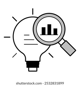 Ícone de Ideias Analíticas - Uma Lâmpada com um Gráfico de Lupa e Barra, Representando Análise de Dados e Business Intelligence