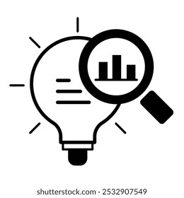 Analytical Insights Icon – A Light Bulb with a Magnifying Glass and Bar Chart, Representing Data Analysis and Business Intelligence