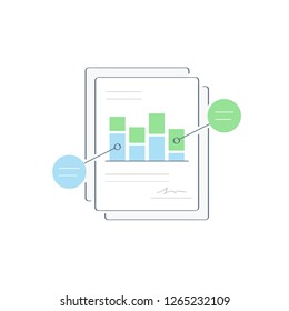 Analytical marketing report,  accounting symbol, paper document with diagrams, charts and footnotes. Flat outline business vector icon illustration.