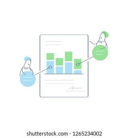 Analytical marketing report, accounting symbol, paper audit document with diagrams, charts and office staff in footnotes. Flat outline business vector icon illustration.